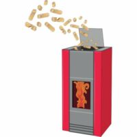 Illustration d'un poêle à pellets rouge et gris